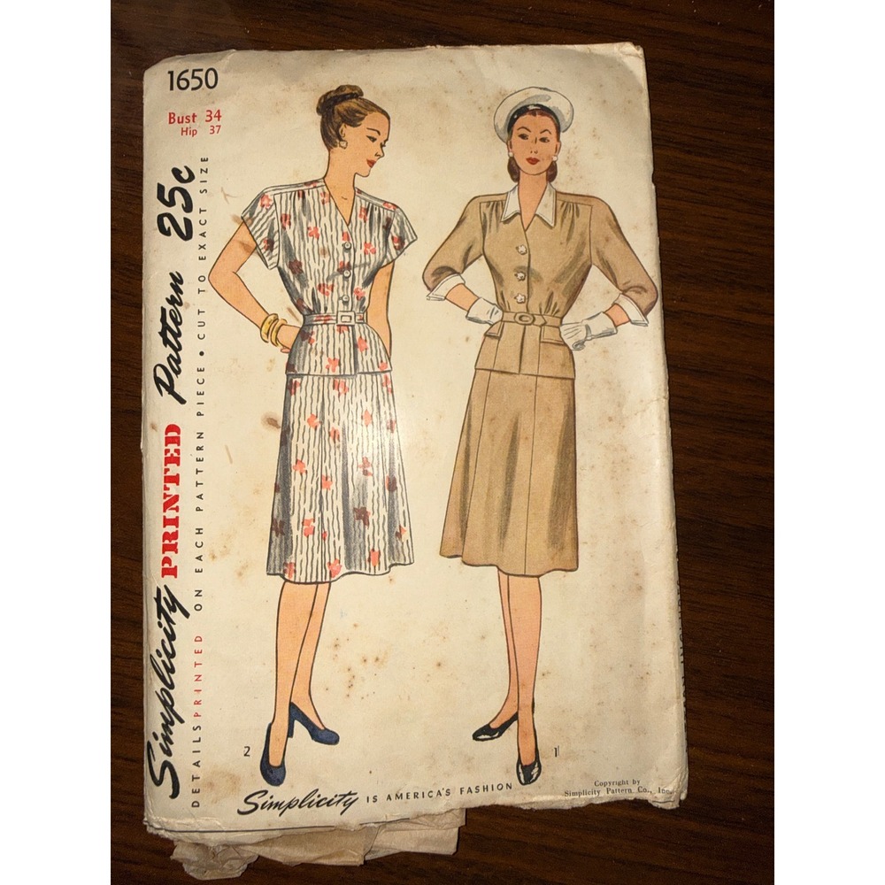 Vintage 1940s Simplicity 1650 Two-Piece Dress Sewing Pattern Bust 34 Hip 37